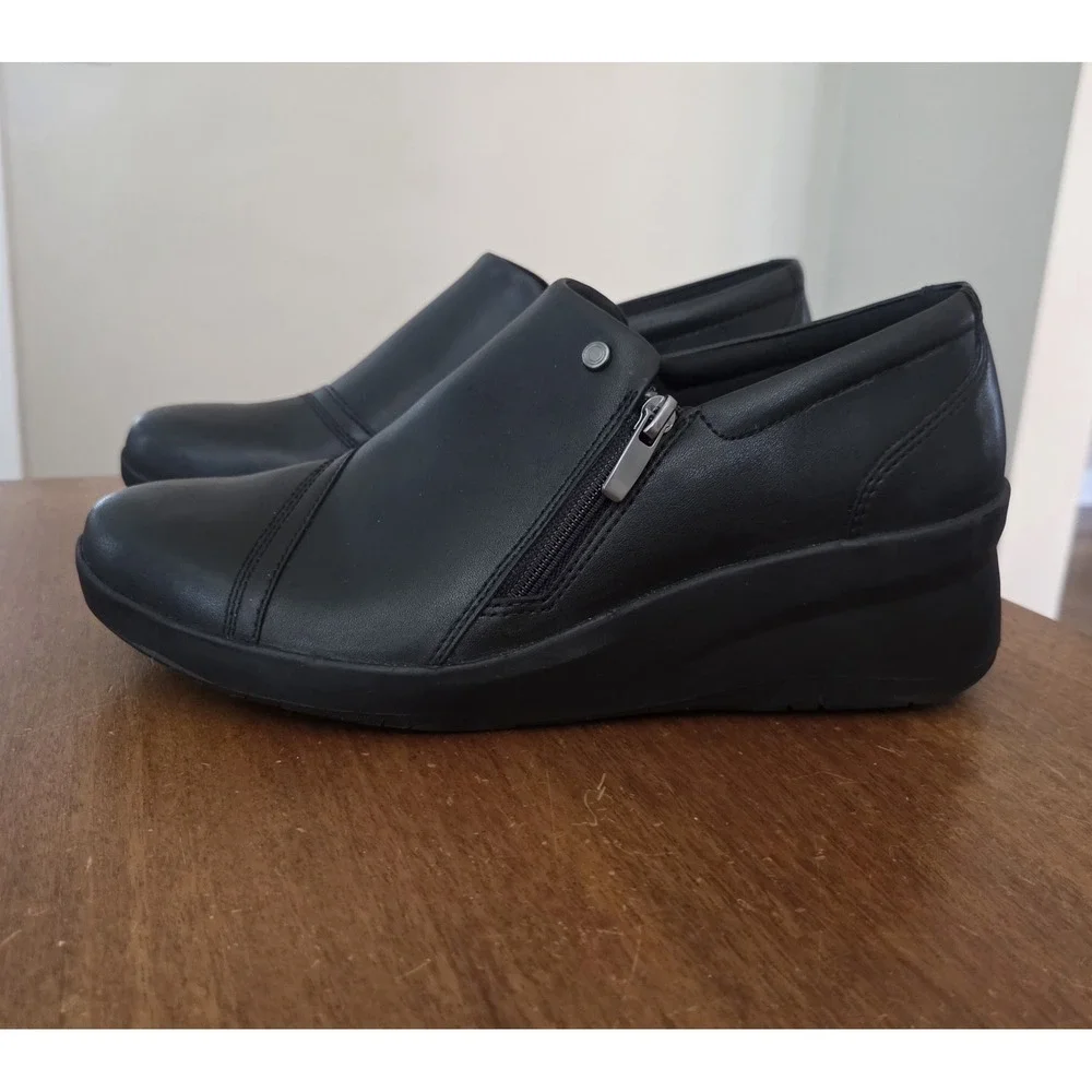Clarks Suttyn Zip Wedge Shoes Women's 10 Leather Black Ultimate Comfort